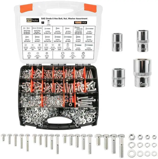 Main image of 1000PCS Grade 8 Bolt Assortment Kit, Heavy Duty Bolts and Nuts Kit, 1/4-20 5/16-18 3/8-16 1/2-13 SAE Grade 8 Alloy Steel Hex Cap Screws Nuts Washers, Comes with 4 BitsZinc Plated