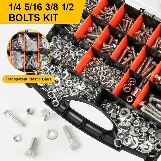 Alt view image 4 of 6 - 1000PCS Grade 8 Bolt Assortment Kit, Heavy Duty Bolts and Nuts Kit, 1/4-20 5/16-18 3/8-16 1/2-13 SAE Grade 8 Alloy Steel Hex Cap Screws Nuts Washers, Comes with 4 BitsZinc Plated