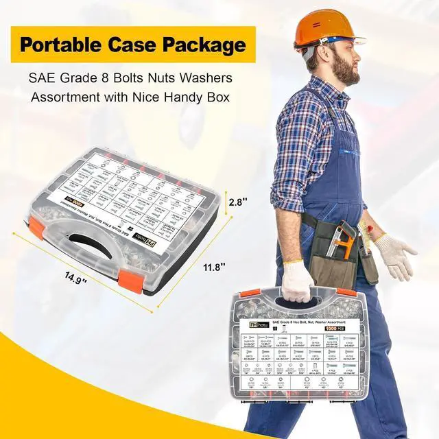 Alt view image 5 of 6 - 1000PCS Grade 8 Bolt Assortment Kit, Heavy Duty Bolts and Nuts Kit, 1/4-20 5/16-18 3/8-16 1/2-13 SAE Grade 8 Alloy Steel Hex Cap Screws Nuts Washers, Comes with 4 BitsZinc Plated