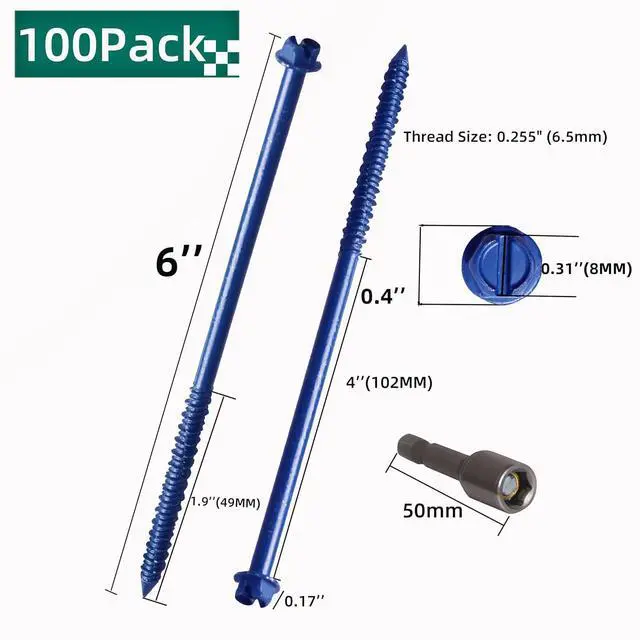 Alt view image 2 of 5 - 100-Pack 1/4" * 6" Hex Head Concrete Screw Anchor, Concrete Screws, Slotted Concrete Screws, Blue Flat Head Screws, for Anchoring to Masonry, Block or Brick