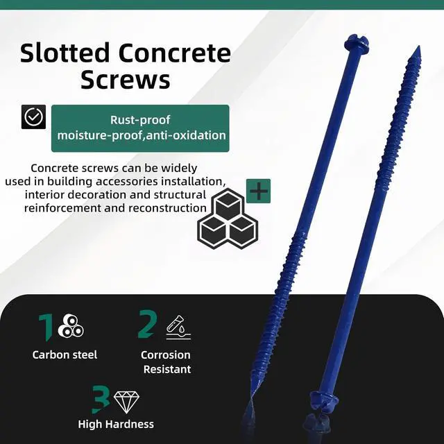 Alt view image 3 of 5 - 100-Pack 1/4" * 6" Hex Head Concrete Screw Anchor, Concrete Screws, Slotted Concrete Screws, Blue Flat Head Screws, for Anchoring to Masonry, Block or Brick