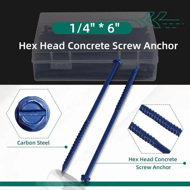 Alt view image 5 of 5 - 100-Pack 1/4" * 6" Hex Head Concrete Screw Anchor, Concrete Screws, Slotted Concrete Screws, Blue Flat Head Screws, for Anchoring to Masonry, Block or Brick