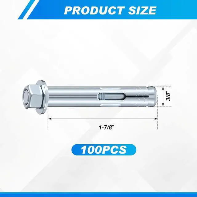 Alt view image 2 of 7 - 100 Pack 3/8" X 1-7/8" Sleeve Anchors for Concrete Hex Head Concrete Anchor Bolts Zinc Plated for Masonry Brick Heavy Duty Bolts Secure Fastening