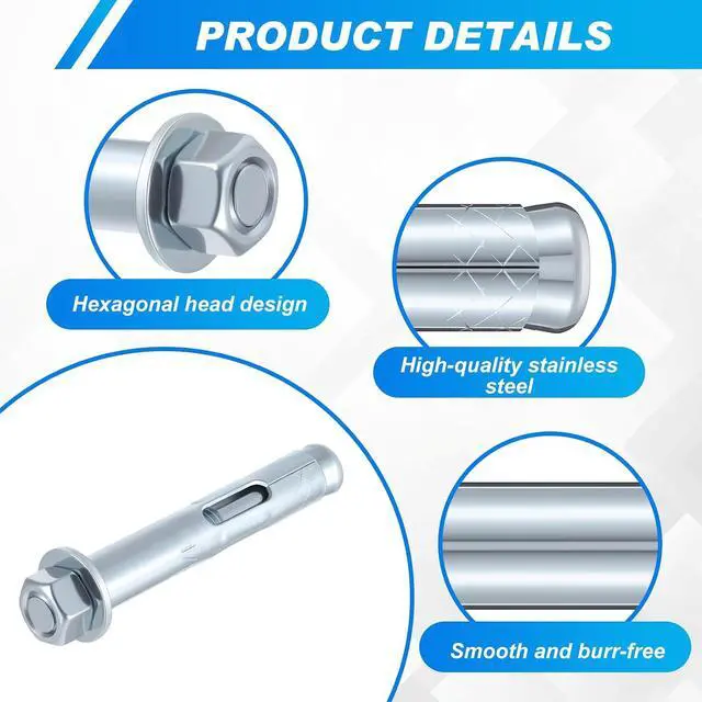 Alt view image 3 of 7 - 100 Pack 3/8" X 1-7/8" Sleeve Anchors for Concrete Hex Head Concrete Anchor Bolts Zinc Plated for Masonry Brick Heavy Duty Bolts Secure Fastening