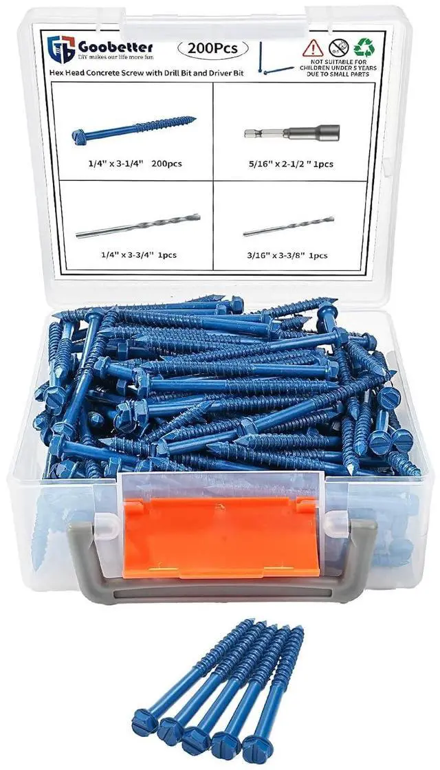 Main image of 200Pcs 1/4" x3-1/4 Concrete Screws with 2 Drill Bits & 1 Driver Bit, Slotted Hex Washer Head Self-Tapping Masonry Screws for Brick, Block, Stucco, Concrete - Blue Flat Head Anchors