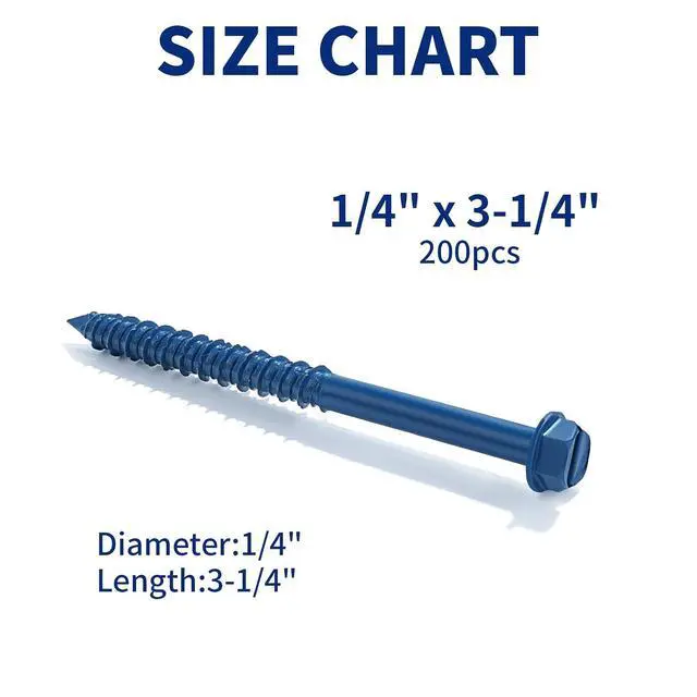 Alt view image 2 of 6 - 200Pcs 1/4" x3-1/4 Concrete Screws with 2 Drill Bits & 1 Driver Bit, Slotted Hex Washer Head Self-Tapping Masonry Screws for Brick, Block, Stucco, Concrete - Blue Flat Head Anchors