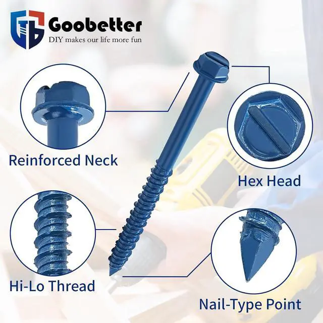 Alt view image 3 of 6 - 200Pcs 1/4" x3-1/4 Concrete Screws with 2 Drill Bits & 1 Driver Bit, Slotted Hex Washer Head Self-Tapping Masonry Screws for Brick, Block, Stucco, Concrete - Blue Flat Head Anchors