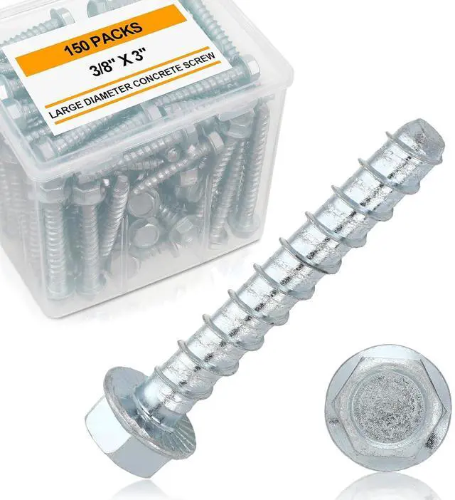 Main image of 150 Pack 3/8" x 3" Concrete Screw for Anchoring to Masonry, Galvanized Heavy Duty Large Diameter Masonry Screws for Anchoring, Brick, Block, Decking and Framing, Hex Drive