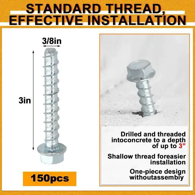 Alt view image 2 of 7 - 150 Pack 3/8" x 3" Concrete Screw for Anchoring to Masonry, Galvanized Heavy Duty Large Diameter Masonry Screws for Anchoring, Brick, Block, Decking and Framing, Hex Drive