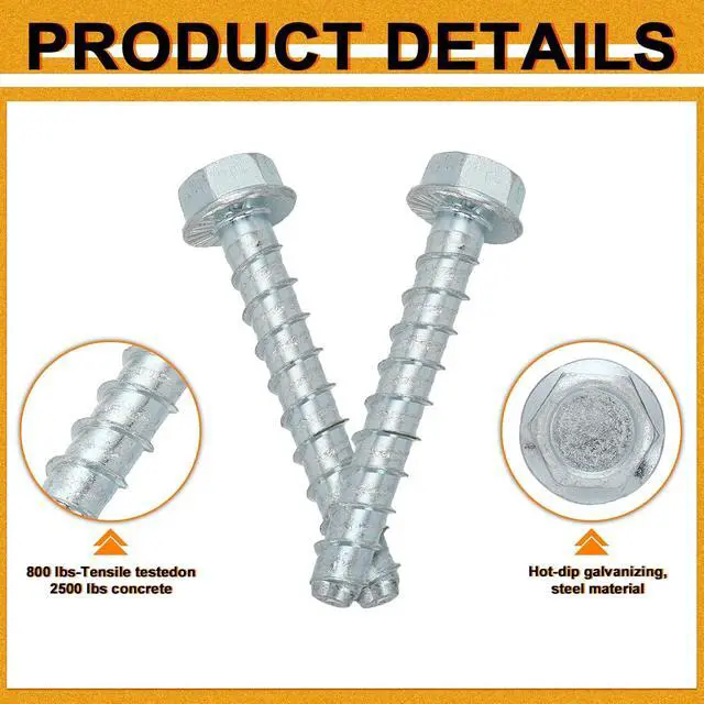 Alt view image 3 of 7 - 150 Pack 3/8" x 3" Concrete Screw for Anchoring to Masonry, Galvanized Heavy Duty Large Diameter Masonry Screws for Anchoring, Brick, Block, Decking and Framing, Hex Drive