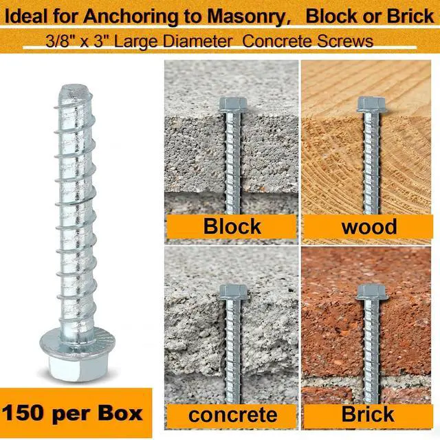 Alt view image 4 of 7 - 150 Pack 3/8" x 3" Concrete Screw for Anchoring to Masonry, Galvanized Heavy Duty Large Diameter Masonry Screws for Anchoring, Brick, Block, Decking and Framing, Hex Drive
