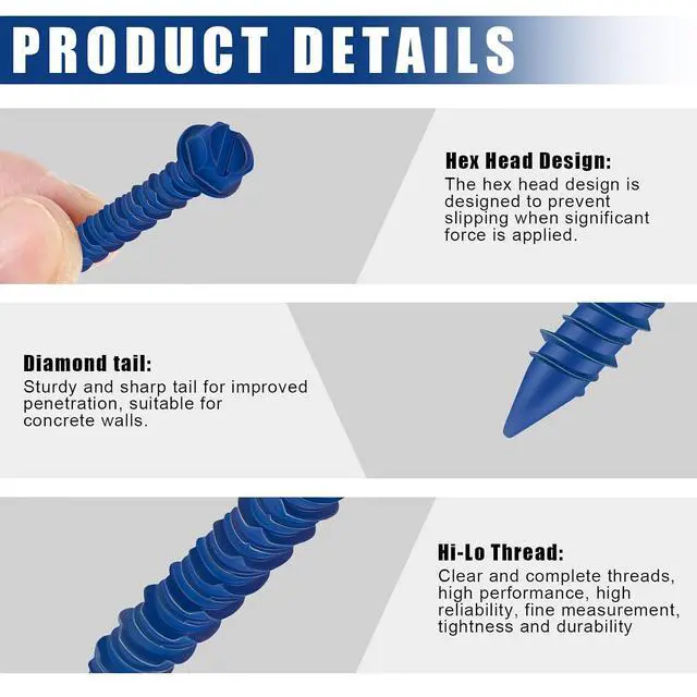 Alt view image 3 of 7 - 300 Qty 1/4" x 1-3/4" Hex Head Concrete Screws Anchor with Drill Bits Blue Slotted Hex Screws for Anchor Masonry, Block, Brick, Cement, Stucco, Diamond Point and Wood Fastening