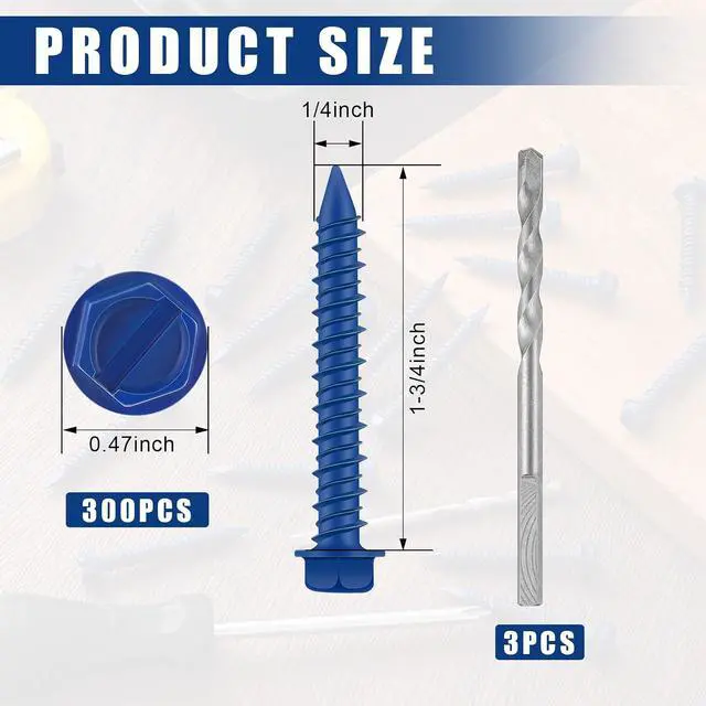 Alt view image 2 of 7 - 300 Qty 1/4" x 1-3/4" Hex Head Concrete Screws Anchor with Drill Bits Blue Slotted Hex Screws for Anchor Masonry, Block, Brick, Cement, Stucco, Diamond Point and Wood Fastening