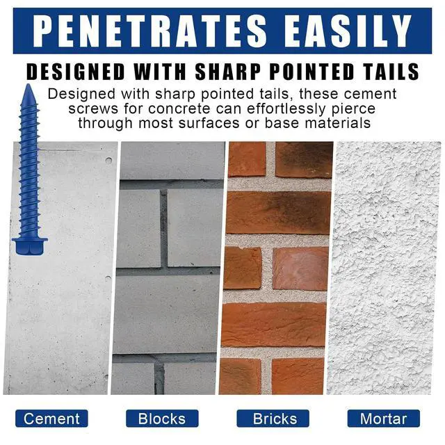 Alt view image 5 of 7 - 300 Qty 1/4" x 1-3/4" Hex Head Concrete Screws Anchor with Drill Bits Blue Slotted Hex Screws for Anchor Masonry, Block, Brick, Cement, Stucco, Diamond Point and Wood Fastening