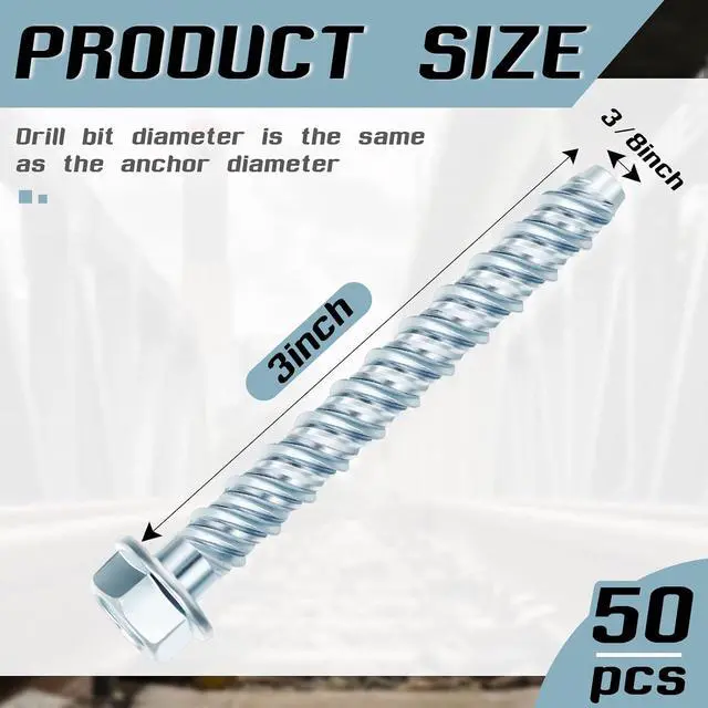 Alt view image 2 of 7 - 50 Pcs 3/8 x 3 Zinc Plated Concrete Anchors Masonry Screws Heavy Duty Carbon Steel Hex Head Large Diameter Concrete Anchors and Screws Kit for Brick, Blocks, Cement
