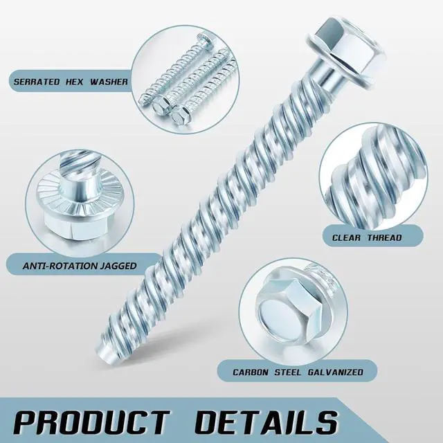 Alt view image 4 of 7 - 50 Pcs 3/8 x 3 Zinc Plated Concrete Anchors Masonry Screws Heavy Duty Carbon Steel Hex Head Large Diameter Concrete Anchors and Screws Kit for Brick, Blocks, Cement