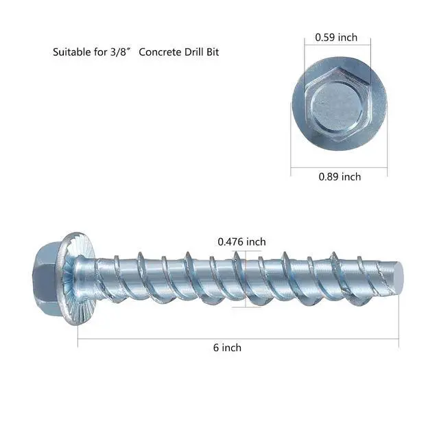Alt view image 5 of 5 - 3/8" x 6" Zinc Plated Large Diameter Concrete Screw Actual Thickness 1/2"(12mm) for Anchoring to Masonry, Brick or Block (30 pcs)