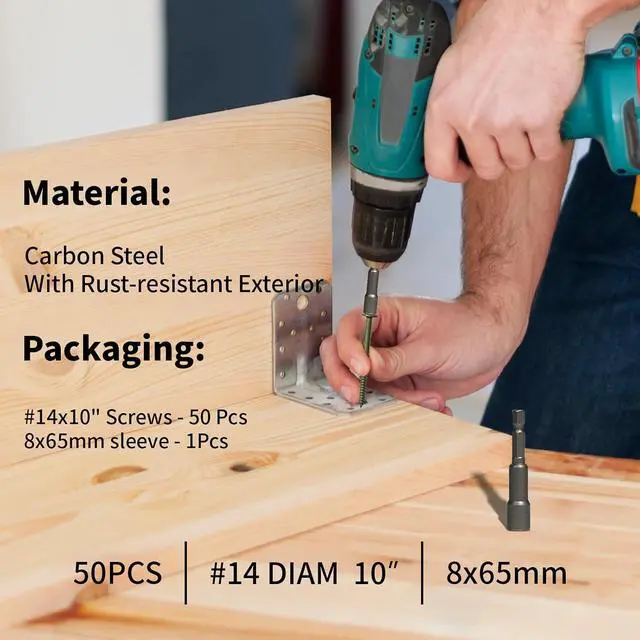 Alt view image 2 of 6 - 50PCS Structural Wood Screws 10 Inch, #14 x 10 Heavy Duty Timber Screws, Rust Resistant,Washer Head, Green Coated Exterior Wood/Lag/Timber Screws Hex Socket Included