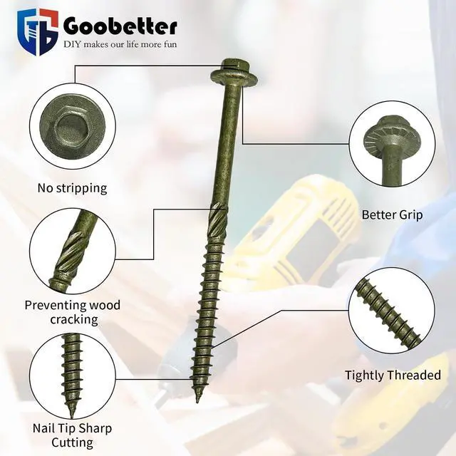 Alt view image 3 of 6 - 50PCS Structural Wood Screws 10 Inch, #14 x 10 Heavy Duty Timber Screws, Rust Resistant,Washer Head, Green Coated Exterior Wood/Lag/Timber Screws Hex Socket Included
