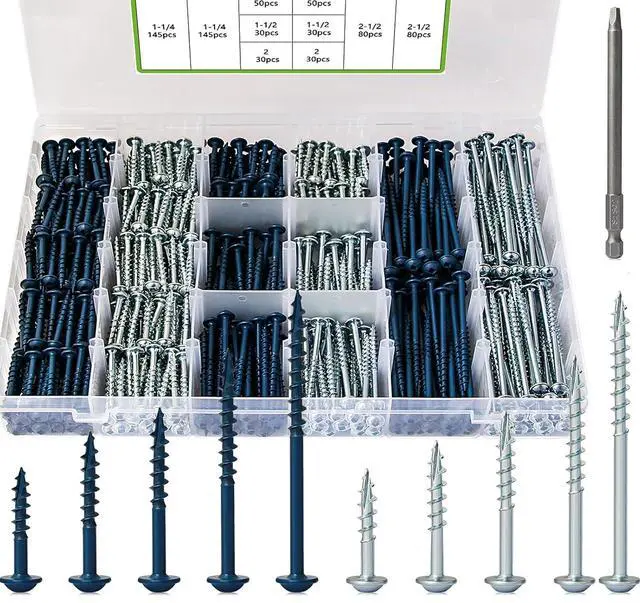 Main image of 670Pcs Pocket Hole Screws, 1" 1-1/4" 1-1/2" 2" 2-1/2" Wood Screws Assortment Kit #8 Coarse Thread Self Tapping Pocket Screws Jig Kit Square Drive, Blue Coated & Zinc Coated, Indoor & Outdoor