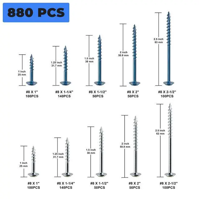 Alt view image 2 of 7 - Pocket Hole Screws Assortment Kit 880Pcs, #8 Coarse Thread | 1", 1-1/4", 1-1/2", 2", 2-1/2", Anti-Rust Blue & Zinc Coated,10 Sizes, Interior & Exterior Projects, 150mm Square Drive Bit