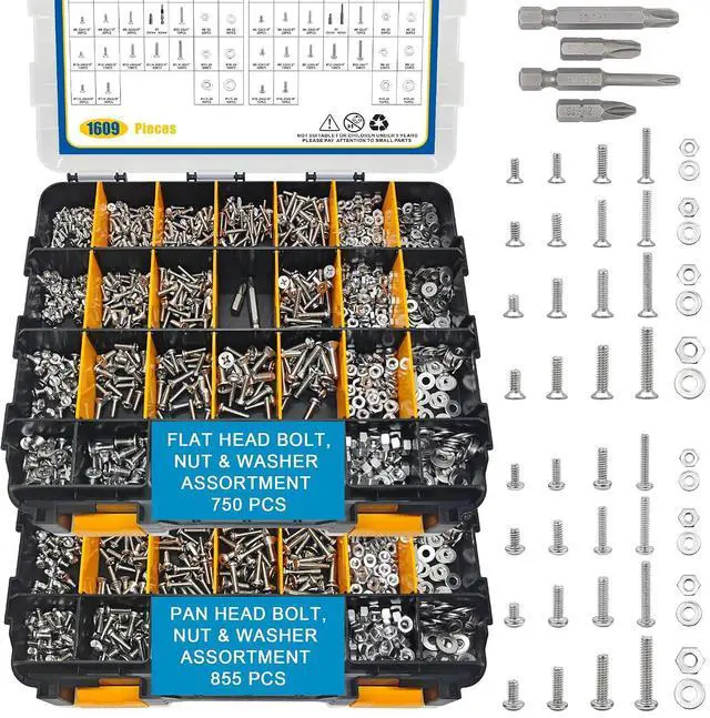 Main image of 1609 PCS Machine Screws Assortment Kit, 304 Stainless Steel Nuts and Bolts,Phillips Pan Head and Flat Head Screws with Nuts, Bolts,Washers and 4pcs Screwdriver Bit, Double Sided Organizer