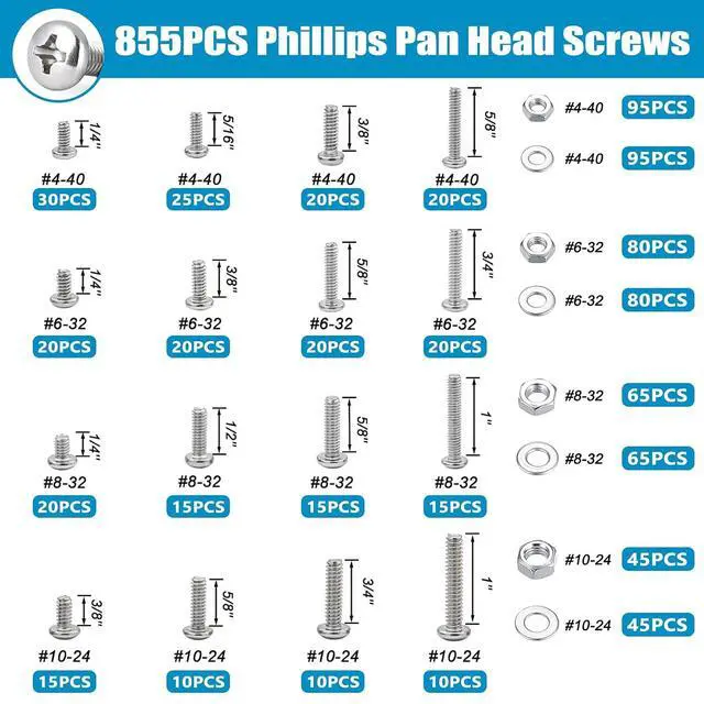 Alt view image 3 of 7 - 1609 PCS Machine Screws Assortment Kit, 304 Stainless Steel Nuts and Bolts,Phillips Pan Head and Flat Head Screws with Nuts, Bolts,Washers and 4pcs Screwdriver Bit, Double Sided Organizer