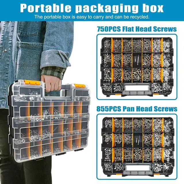 Alt view image 5 of 7 - 1609 PCS Machine Screws Assortment Kit, 304 Stainless Steel Nuts and Bolts,Phillips Pan Head and Flat Head Screws with Nuts, Bolts,Washers and 4pcs Screwdriver Bit, Double Sided Organizer