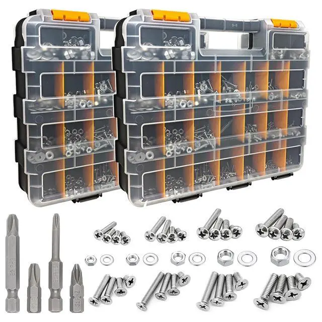 Alt view image 7 of 7 - 1609 PCS Machine Screws Assortment Kit, 304 Stainless Steel Nuts and Bolts,Phillips Pan Head and Flat Head Screws with Nuts, Bolts,Washers and 4pcs Screwdriver Bit, Double Sided Organizer