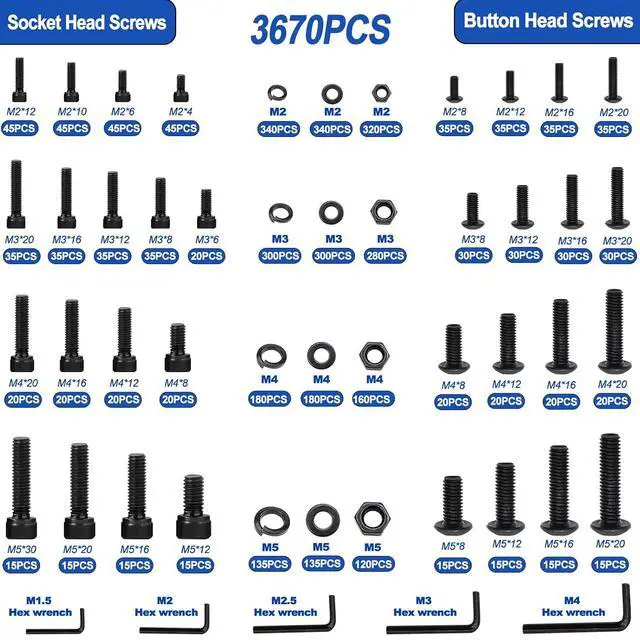 Alt view image 2 of 7 - 3670PCS Metric Screw Assortment M2 M3 M4 M5 33 Sizes Button & Socket Head Screws,Hex Bolts and Nuts Kit Flat/Lock Washer, Metric Bolts and Nuts Assortment with Handheld Box
