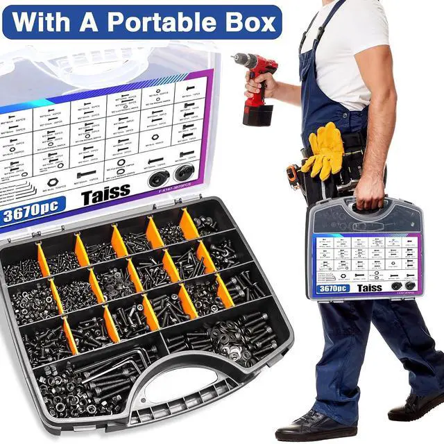 Alt view image 4 of 7 - 3670PCS Metric Screw Assortment M2 M3 M4 M5 33 Sizes Button & Socket Head Screws,Hex Bolts and Nuts Kit Flat/Lock Washer, Metric Bolts and Nuts Assortment with Handheld Box