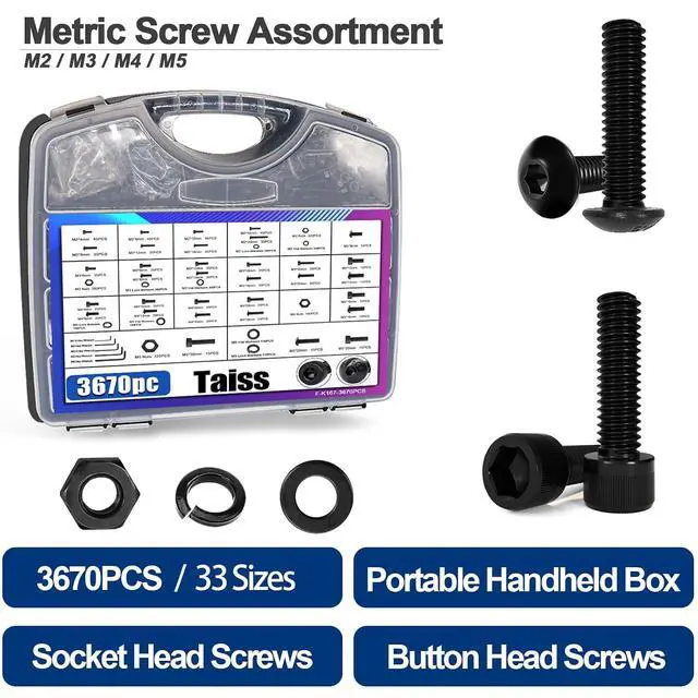 Alt view image 5 of 7 - 3670PCS Metric Screw Assortment M2 M3 M4 M5 33 Sizes Button & Socket Head Screws,Hex Bolts and Nuts Kit Flat/Lock Washer, Metric Bolts and Nuts Assortment with Handheld Box