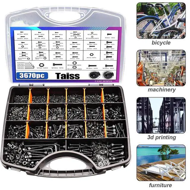 Alt view image 6 of 7 - 3670PCS Metric Screw Assortment M2 M3 M4 M5 33 Sizes Button & Socket Head Screws,Hex Bolts and Nuts Kit Flat/Lock Washer, Metric Bolts and Nuts Assortment with Handheld Box