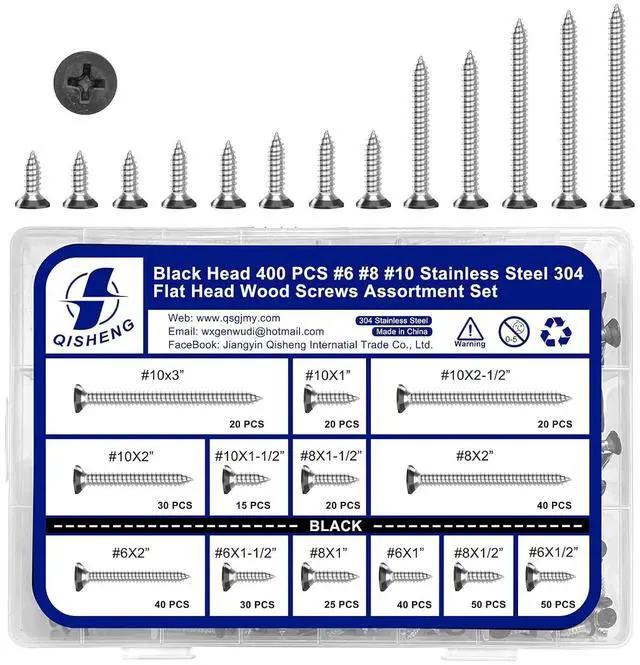 Main image of 400 PCS Black Head #6#8#10 Stainless Steel Phillips Flat Head Wood Screws Assortment Set,Stainless Steel 18-8 A2(304) Screw,Home Screw Kit