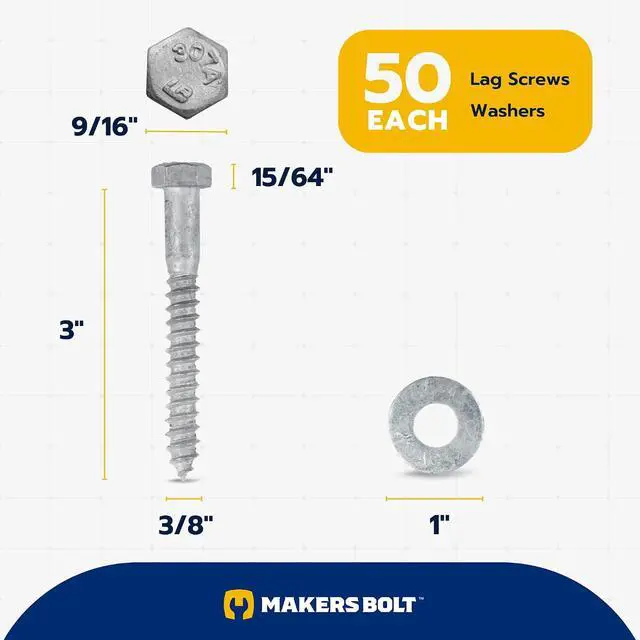 Alt view image 2 of 7 - 3/8 x 3 (50 Pack) Lag Screw Kit, 50 Screws and 50 washers, Hot Dip Galvanized, Meets ASME B18.2.1 Industrial/Commercial Grade by