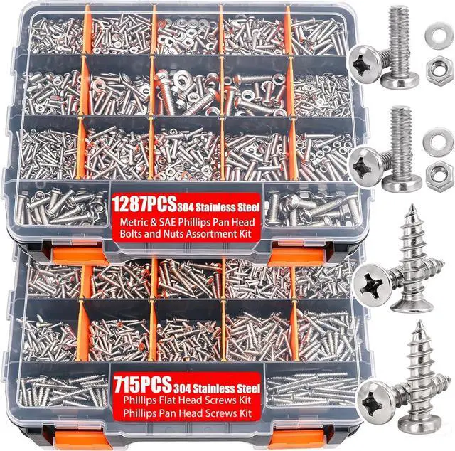 Main image of /2002PCS 304 Stainless Steel Hardware Assortment Kit,Metric & SAE Machine Screw Kit,Nuts And Bolts Assortment,Phillips Pan Head & Flat Head Screws And Washers with Double Sided Organizer Box