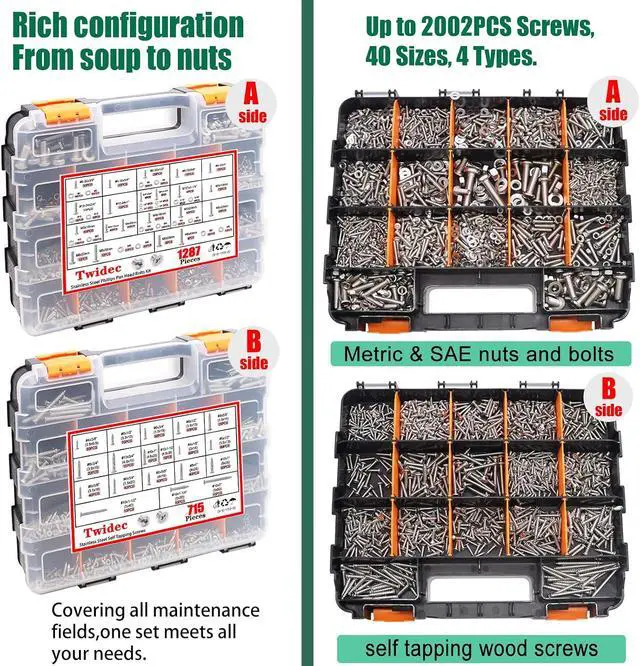 Alt view image 5 of 7 - /2002PCS 304 Stainless Steel Hardware Assortment Kit,Metric & SAE Machine Screw Kit,Nuts And Bolts Assortment,Phillips Pan Head & Flat Head Screws And Washers with Double Sided Organizer Box