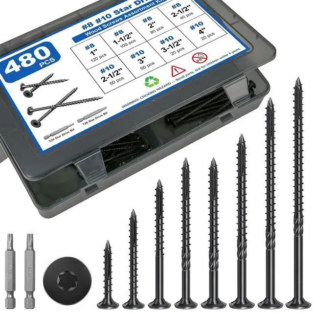 Main image of 480Pcs Deck Screws, #8#10 Wood Screws Assortment Kit, 8Sizes Assorted Screw Set, Rust Resistant Torx Screws with Flat Head, Black Screw Kit for Woodworking Projects, Star Bit Included