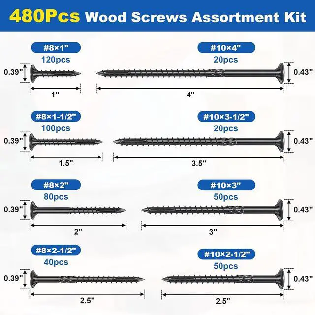 Alt view image 2 of 7 - 480Pcs Deck Screws, #8#10 Wood Screws Assortment Kit, 8Sizes Assorted Screw Set, Rust Resistant Torx Screws with Flat Head, Black Screw Kit for Woodworking Projects, Star Bit Included
