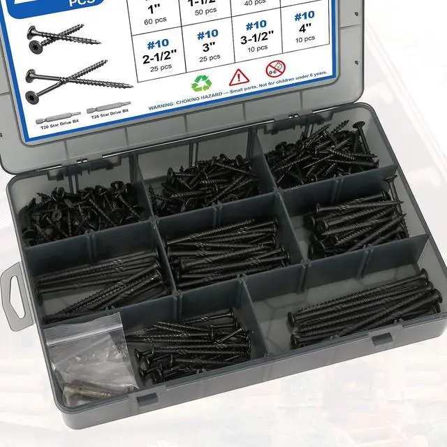 Alt view image 6 of 7 - 480Pcs Deck Screws, #8#10 Wood Screws Assortment Kit, 8Sizes Assorted Screw Set, Rust Resistant Torx Screws with Flat Head, Black Screw Kit for Woodworking Projects, Star Bit Included