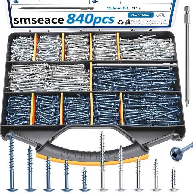 Main image of 840Pcs Pocket Hole Screws Assortment Kit #8 x 1, 1-1/4", 1-1/2", 2", 2-1/2" Blue Coated and Zinc Coated Square Drive Pocket Screws with 150mm Drive Bit Wood Screw Set