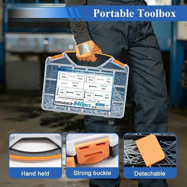 Alt view image 2 of 7 - 840Pcs Pocket Hole Screws Assortment Kit #8 x 1, 1-1/4", 1-1/2", 2", 2-1/2" Blue Coated and Zinc Coated Square Drive Pocket Screws with 150mm Drive Bit Wood Screw Set