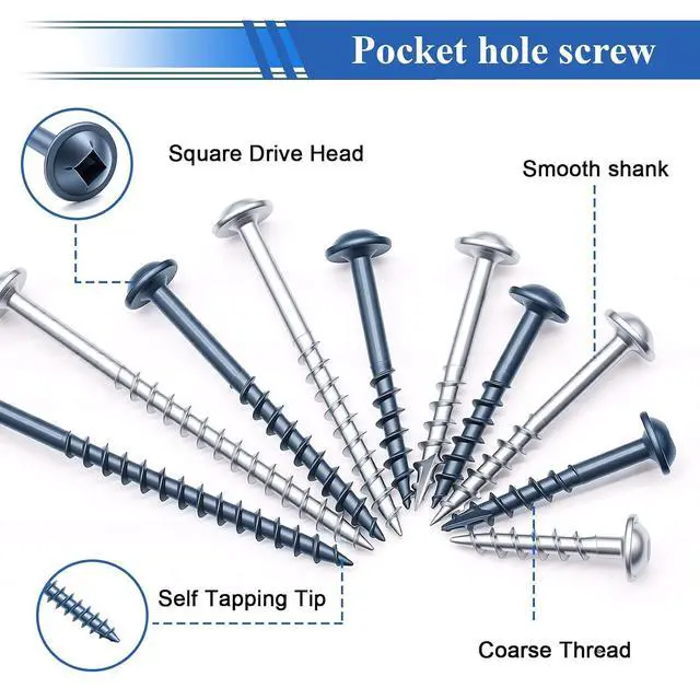 Alt view image 4 of 7 - 840Pcs Pocket Hole Screws Assortment Kit #8 x 1, 1-1/4", 1-1/2", 2", 2-1/2" Blue Coated and Zinc Coated Square Drive Pocket Screws with 150mm Drive Bit Wood Screw Set
