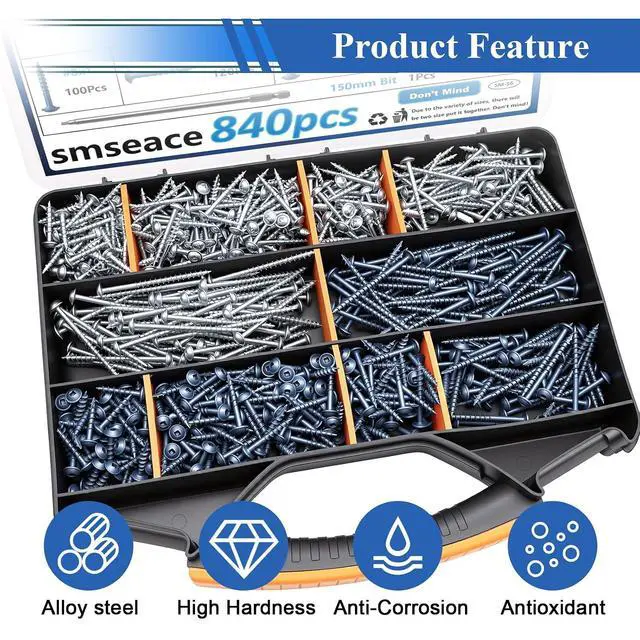 Alt view image 6 of 7 - 840Pcs Pocket Hole Screws Assortment Kit #8 x 1, 1-1/4", 1-1/2", 2", 2-1/2" Blue Coated and Zinc Coated Square Drive Pocket Screws with 150mm Drive Bit Wood Screw Set