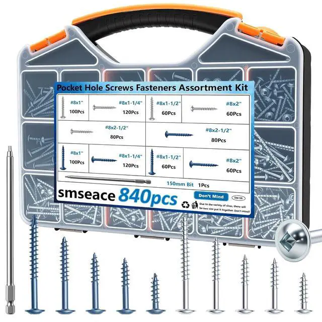 Alt view image 7 of 7 - 840Pcs Pocket Hole Screws Assortment Kit #8 x 1, 1-1/4", 1-1/2", 2", 2-1/2" Blue Coated and Zinc Coated Square Drive Pocket Screws with 150mm Drive Bit Wood Screw Set