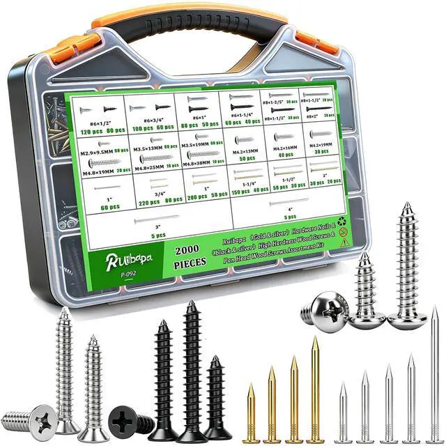 Main image of 2000Pcs Hardware Nails & High Hardness Wood Screws & Round Head Sheet Metal Screws Assortment Kit,Phillips Drive Flat Head, Wood Screws,Galvanized,Picture Hanging,Wood,Common Nails with Storage Box