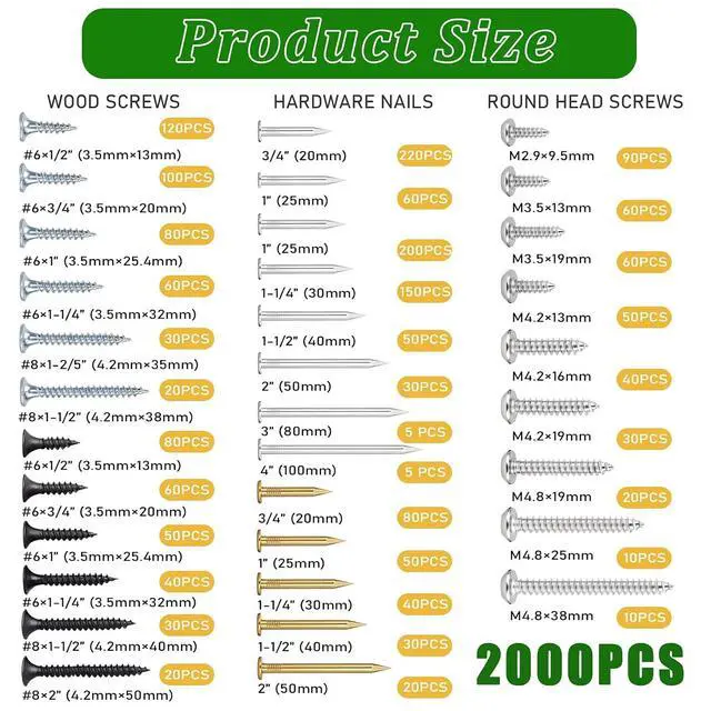 Alt view image 3 of 6 - 2000Pcs Hardware Nails & High Hardness Wood Screws & Round Head Sheet Metal Screws Assortment Kit,Phillips Drive Flat Head, Wood Screws,Galvanized,Picture Hanging,Wood,Common Nails with Storage Box