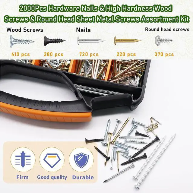 Alt view image 4 of 6 - 2000Pcs Hardware Nails & High Hardness Wood Screws & Round Head Sheet Metal Screws Assortment Kit,Phillips Drive Flat Head, Wood Screws,Galvanized,Picture Hanging,Wood,Common Nails with Storage Box