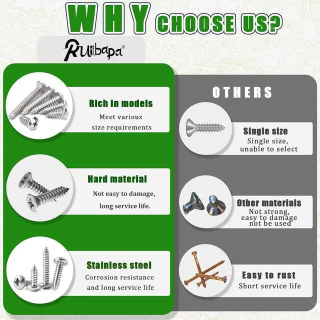 Alt view image 4 of 6 - 1200 PCS Stainless Steel Wood Screws Assortment Kit,Self Tapping Screws M3/M4/M5/M6 Screws Assortment Kit,1200Pcs(605pcs Round Head & 595pcs Flat Head) Sheet Metal Screws Assorted
