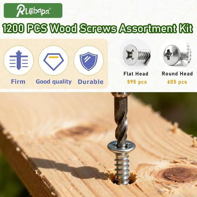 Alt view image 5 of 6 - 1200 PCS Stainless Steel Wood Screws Assortment Kit,Self Tapping Screws M3/M4/M5/M6 Screws Assortment Kit,1200Pcs(605pcs Round Head & 595pcs Flat Head) Sheet Metal Screws Assorted